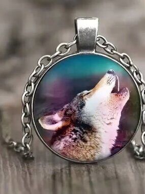 Silver Howling Wolf Glass Cabochon Pendant Necklace